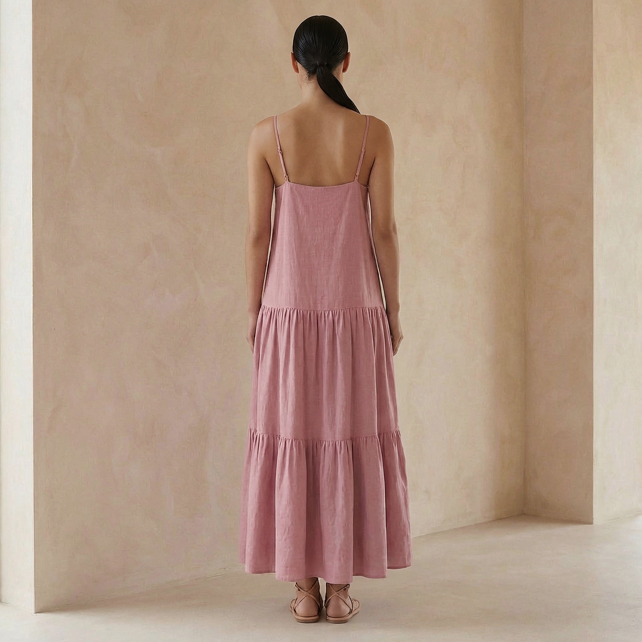 Pink Cotton Flax Drop-Waist Camisole Maxi Tier Dress