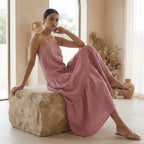 Pink Cotton Flax Drop-Waist Camisole Maxi Tier Dress