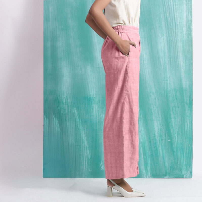 Pink Cotton Flax Elasticated Mid-Rise Wide Legged Pant