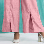 Pink Cotton Flax Elasticated Mid-Rise Wide Legged Pant