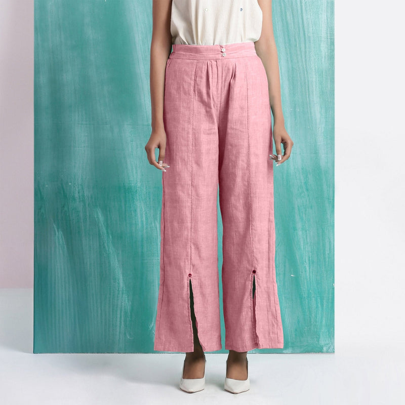 Pink Cotton Flax Elasticated Mid-Rise Wide Legged Pant