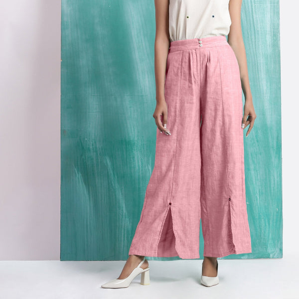 Pink Cotton Flax Elasticated Mid-Rise Wide Legged Pant
