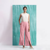 Pink Cotton Flax Elasticated Mid-Rise Wide Legged Pant