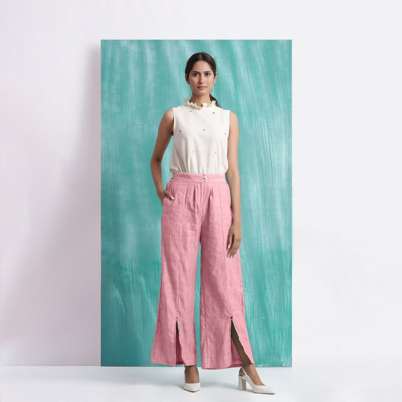Pink Cotton Flax Elasticated Mid-Rise Wide Legged Pant