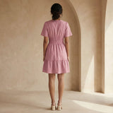 Pink Cotton Flax Elasticated Short Tier Dress