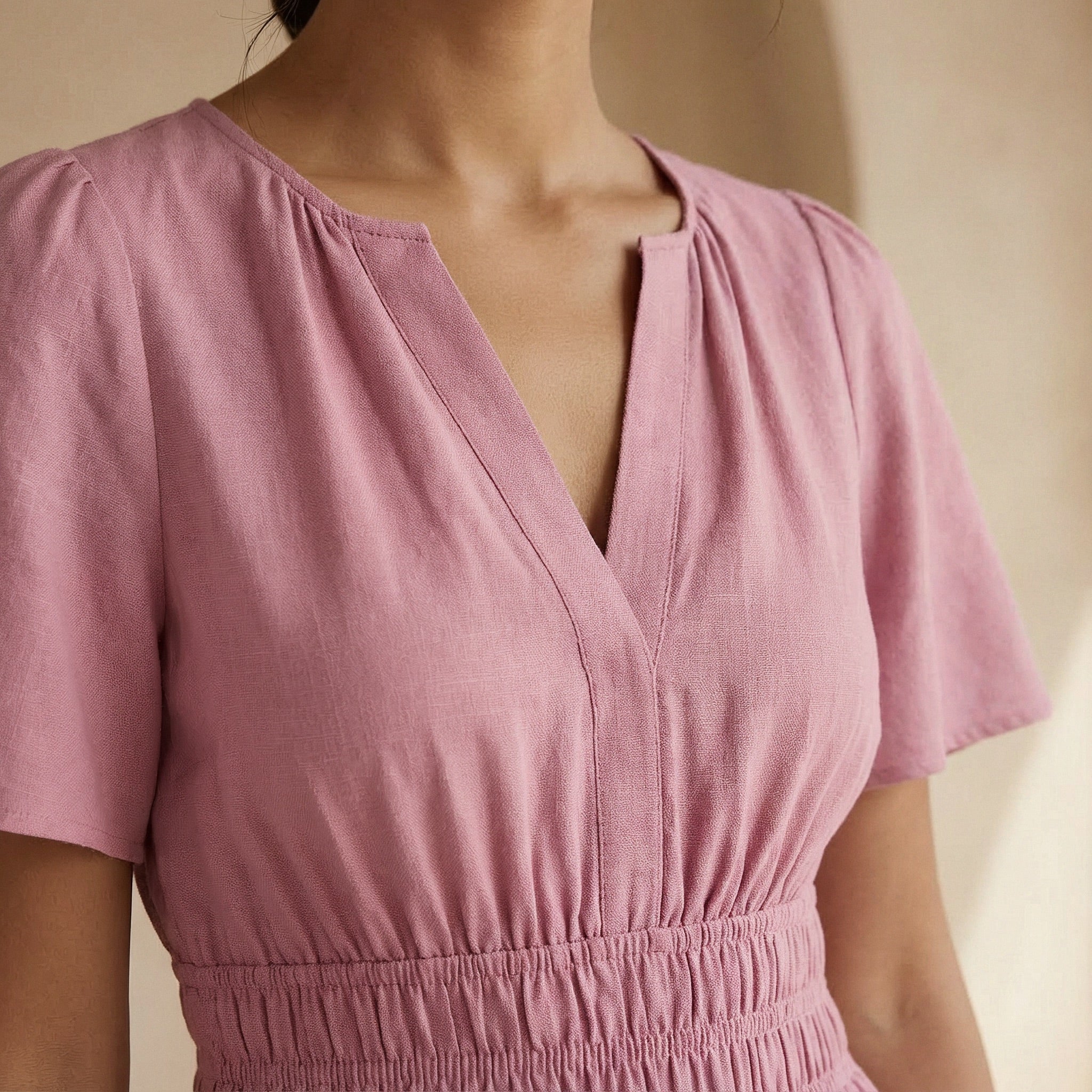 Pink Cotton Flax Elasticated Short Tier Dress