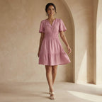 Pink Cotton Flax Elasticated Short Tier Dress