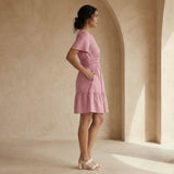 Pink Cotton Flax Elasticated Short Tier Dress