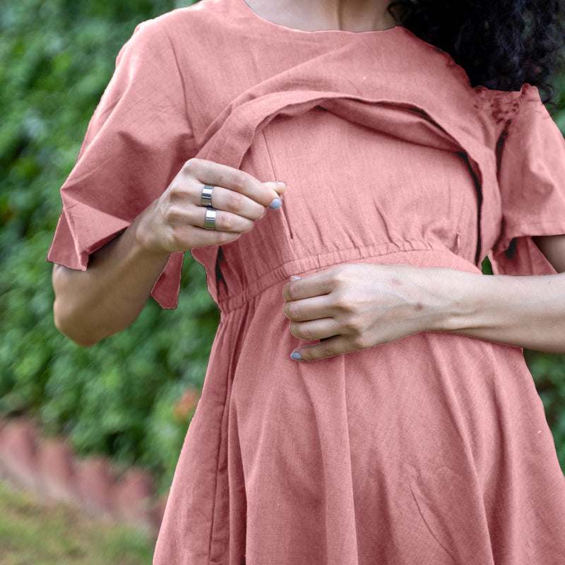 Pink Cotton Flax Fit and Flare Knee Length Pre and Post Maternity Dress
