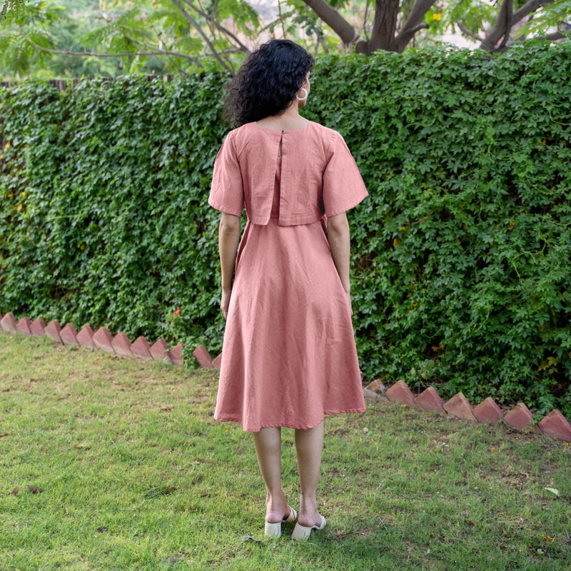 Pink Cotton Flax Fit and Flare Knee Length Pre and Post Maternity Dress