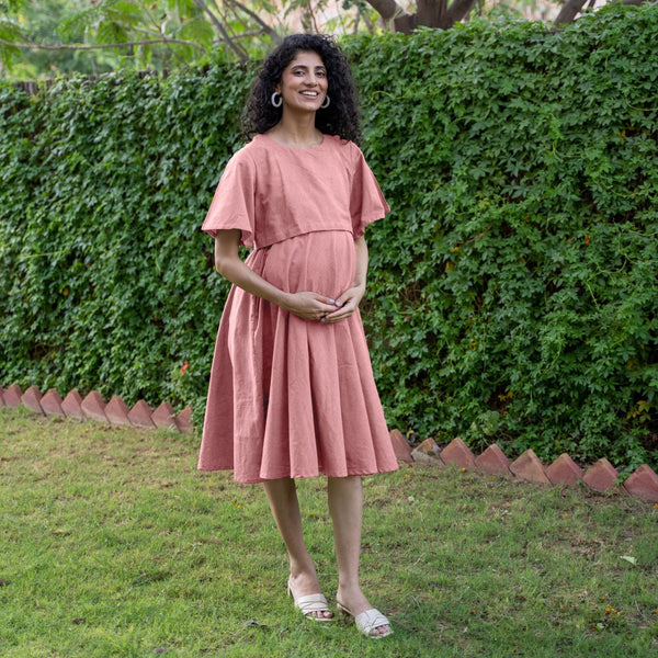 Pink Cotton Flax Fit and Flare Knee Length Pre and Post Maternity Dress