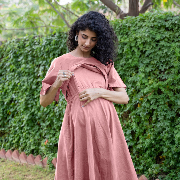 Pink Cotton Flax Fit and Flare Knee Length Pre and Post Maternity Dress