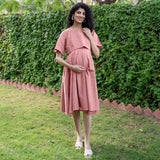 Pink Cotton Flax Fit and Flare Knee Length Pre and Post Maternity Dress