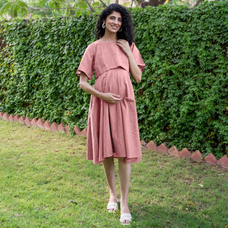 Pink Cotton Flax Fit and Flare Knee Length Pre and Post Maternity Dress