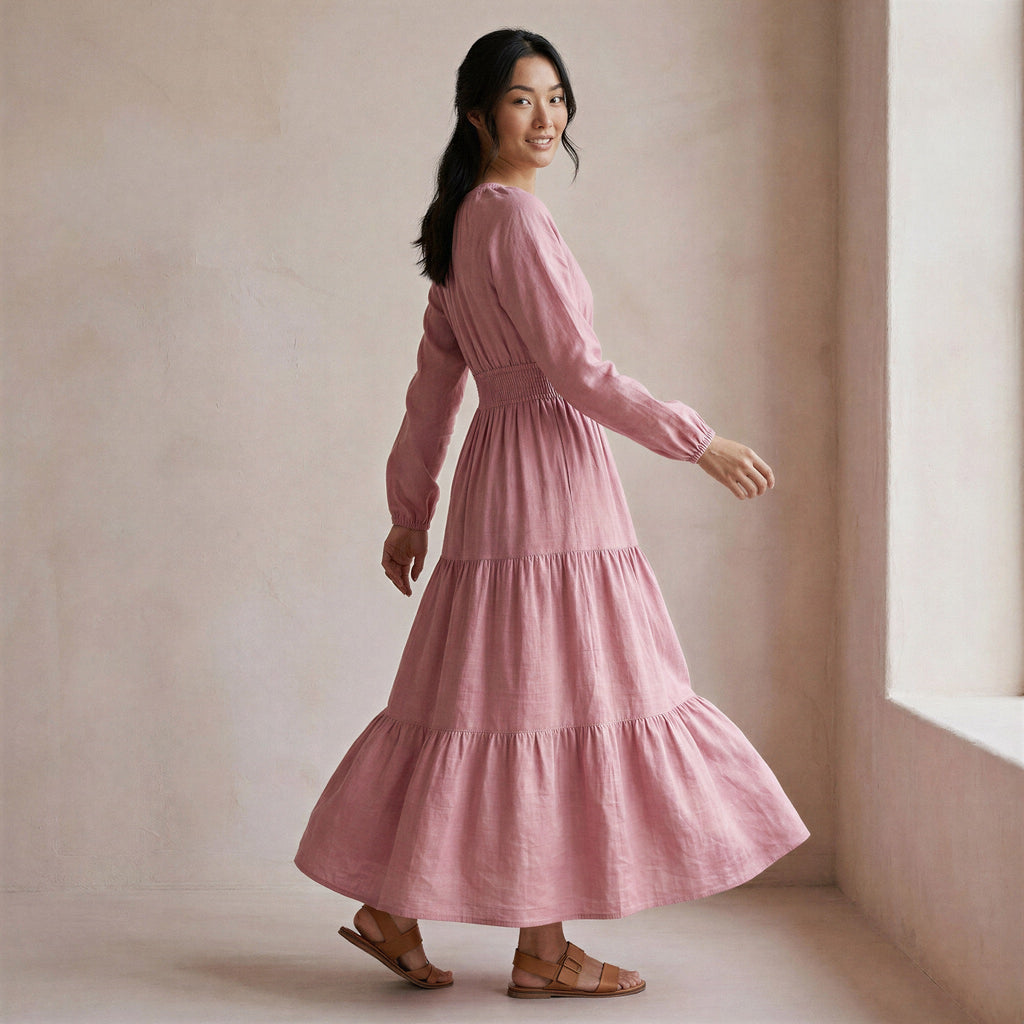 Pink Cotton Flax Fit and Flare Maxi Tier Dress