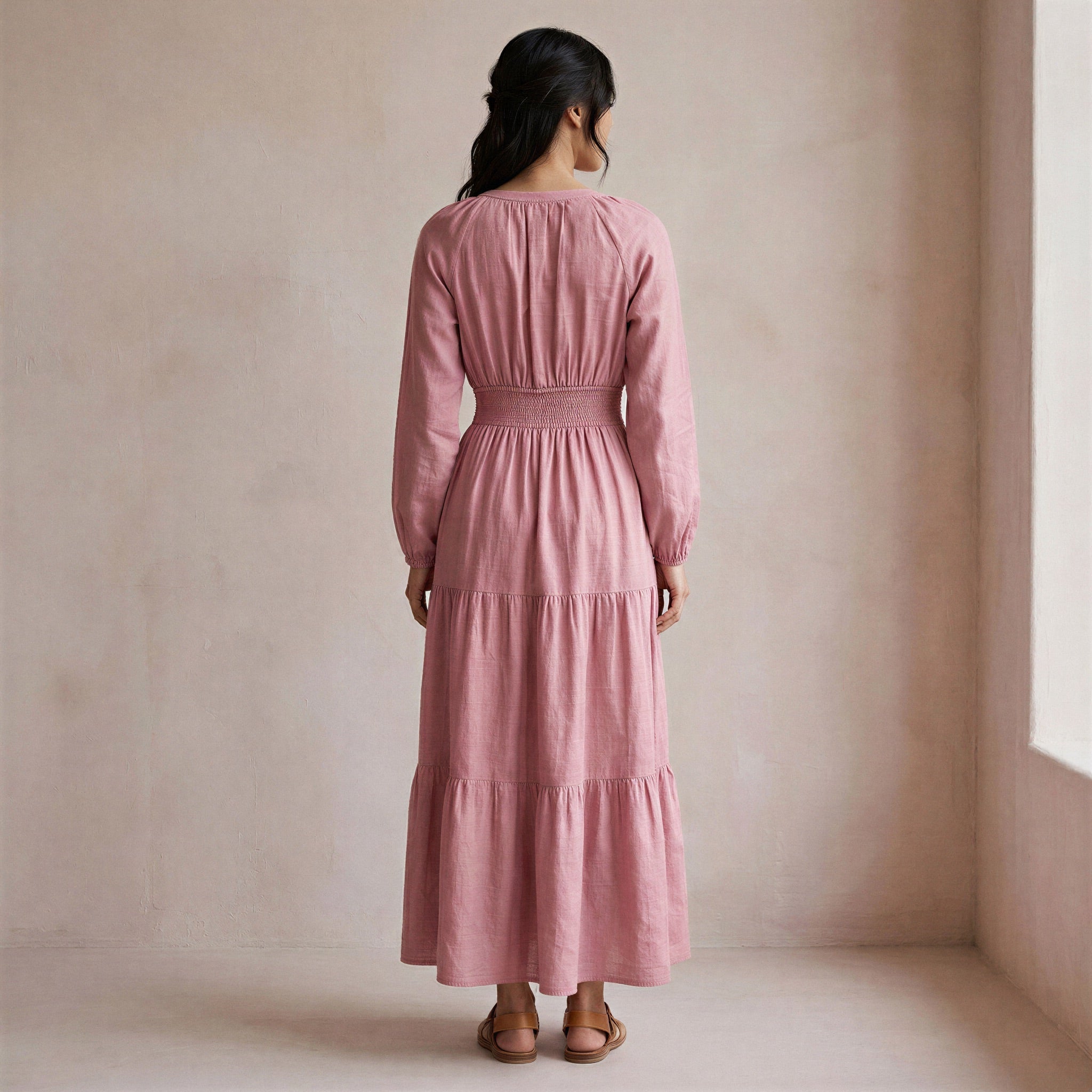 Pink Cotton Flax Fit and Flare Maxi Tier Dress