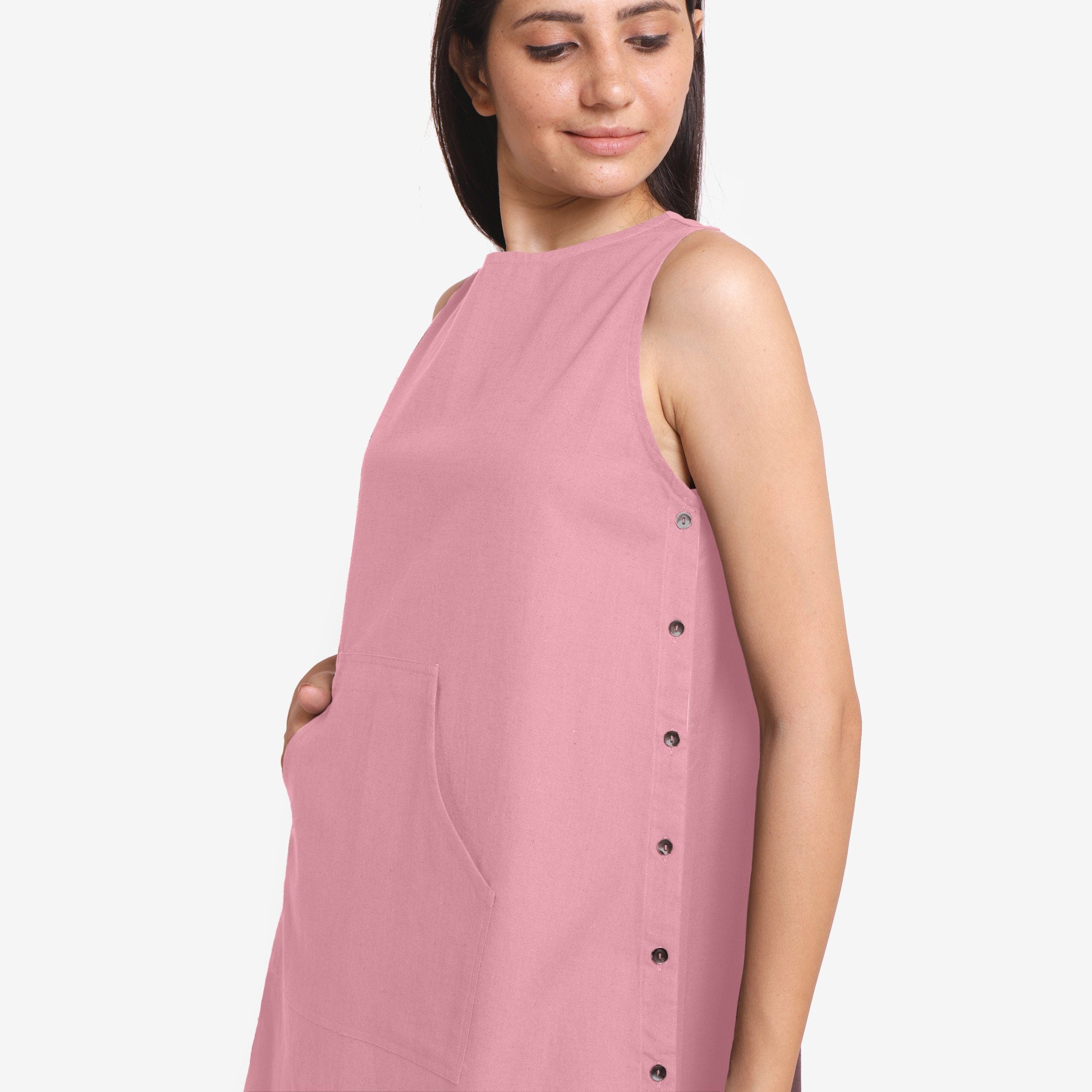 Left Detail of a Model wearing Pink Cotton Flax Kangaroo Pocket Dress