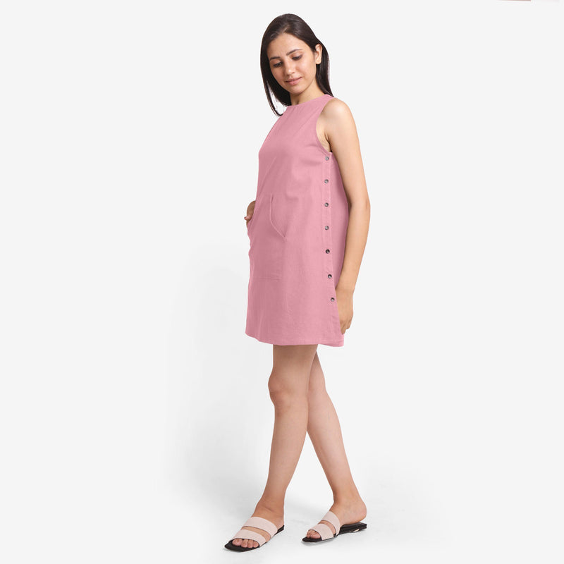 Left View of a Model wearing Pink Cotton Flax Kangaroo Pocket Dress