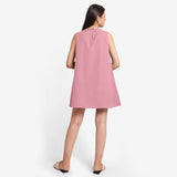 Back View of a Model wearing Pink Cotton Flax Kangaroo Pocket Dress