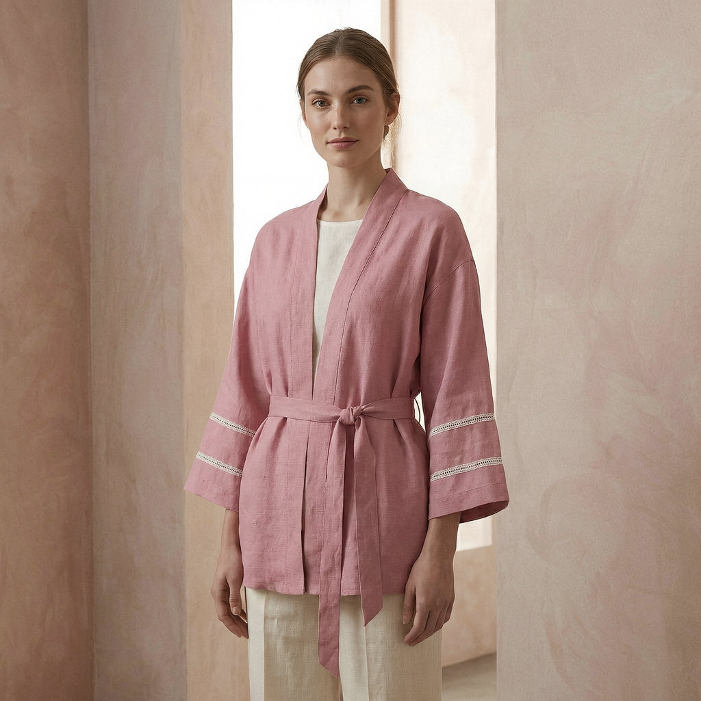 Pink Cotton Flax Kyoto Kimono Sleeve Wrap Top