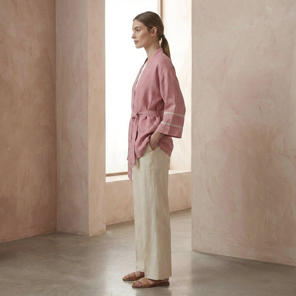 Pink Cotton Flax Kyoto Kimono Sleeve Wrap Top