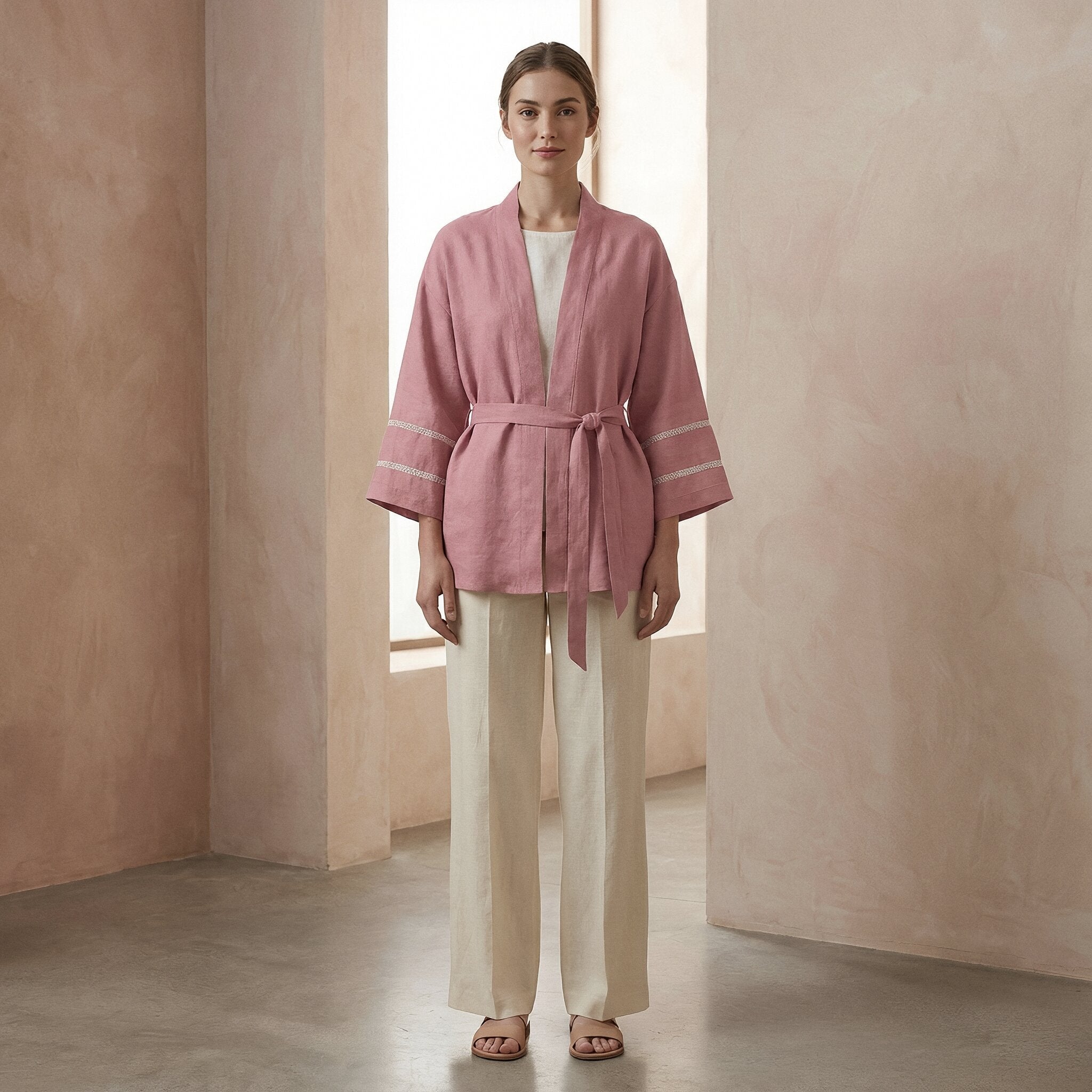 Pink Cotton Flax Kyoto Kimono Sleeve Wrap Top