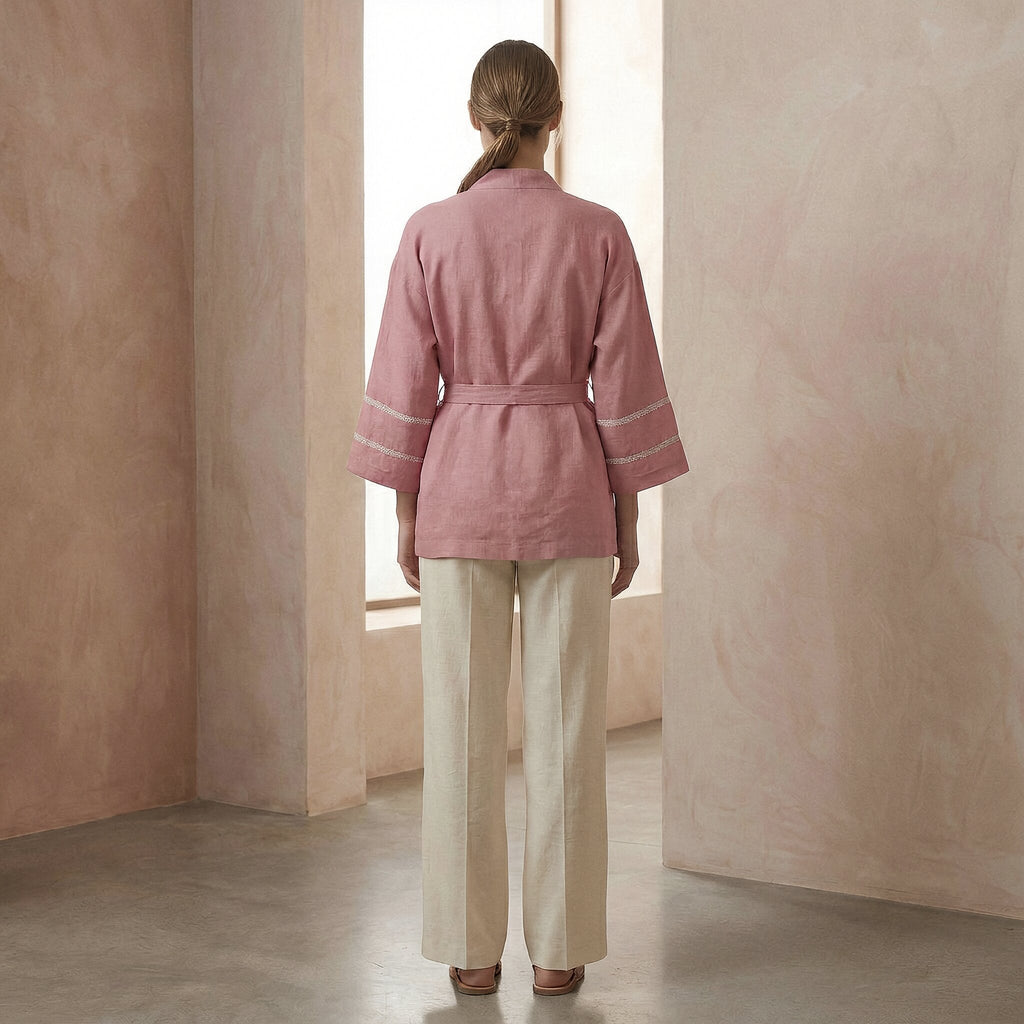Pink Cotton Flax Kyoto Kimono Sleeve Wrap Top