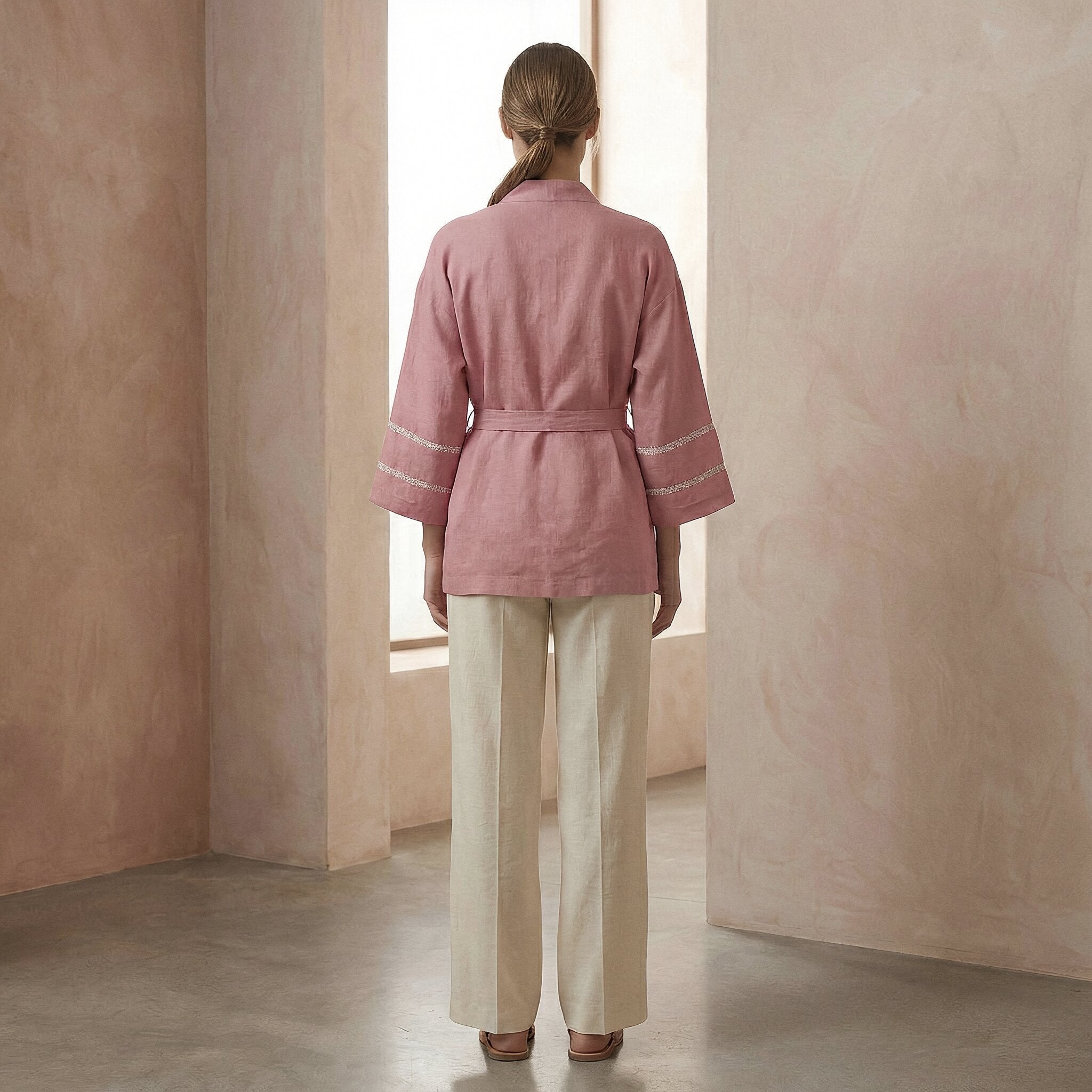 Pink Cotton Flax Kyoto Kimono Sleeve Wrap Top