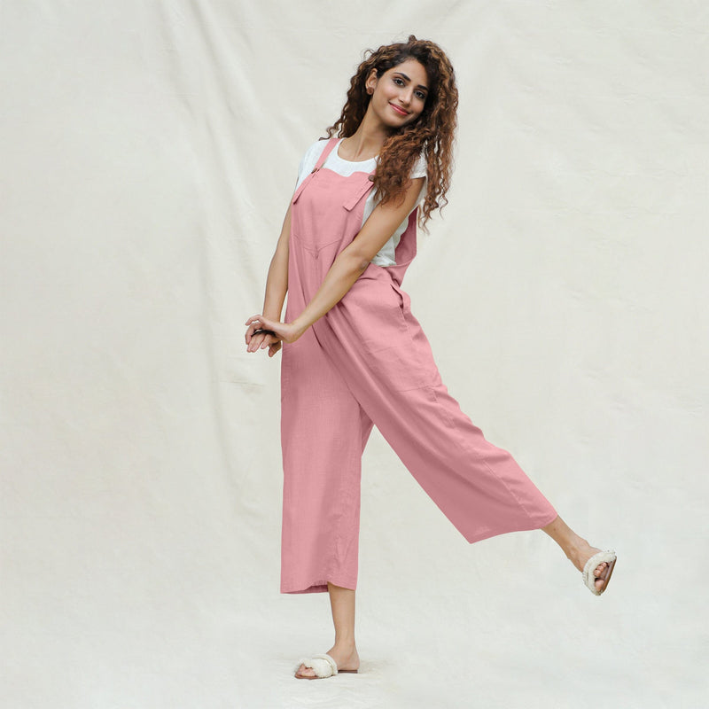 Pink Cotton Flax Midi Dungaree Jumpsuit