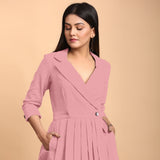 Pink Cotton Flax Notched Collar Midi Pleated Wrap Dress