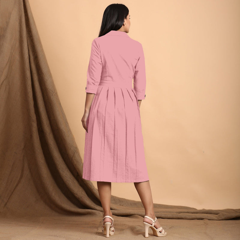 Pink Cotton Flax Notched Collar Midi Pleated Wrap Dress