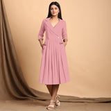 Pink Cotton Flax Notched Collar Midi Pleated Wrap Dress