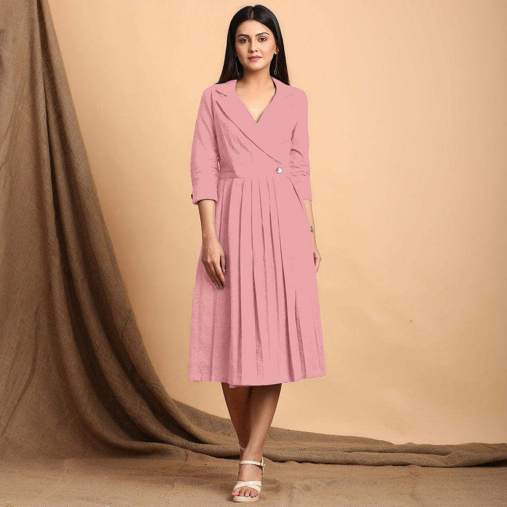 Pink Cotton Flax Notched Collar Midi Pleated Wrap Dress