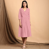 Pink Cotton Flax Notched Collar Midi Pleated Wrap Dress