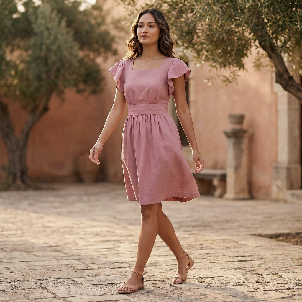 Pink Cotton Flax Open-Back Fit and Flare Knee Length Dress