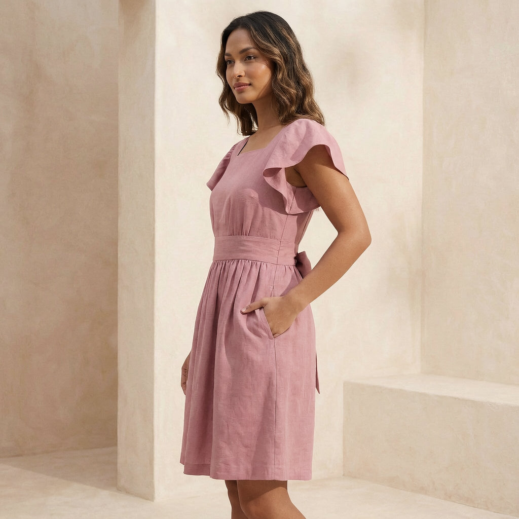 Pink Cotton Flax Open-Back Fit and Flare Knee Length Dress