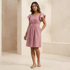 Pink Cotton Flax Open-Back Fit and Flare Knee Length Dress