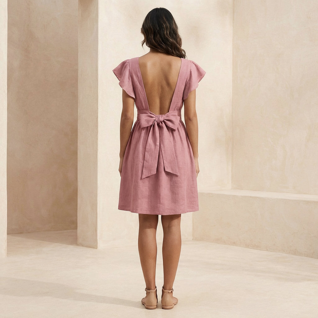Pink Cotton Flax Open-Back Fit and Flare Knee Length Dress