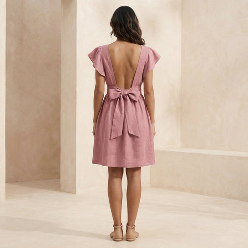 Pink Cotton Flax Open-Back Fit and Flare Knee Length Dress
