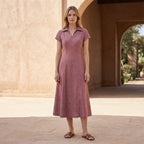 Pink Cotton Flax Paneled A-Line Midi Dress
