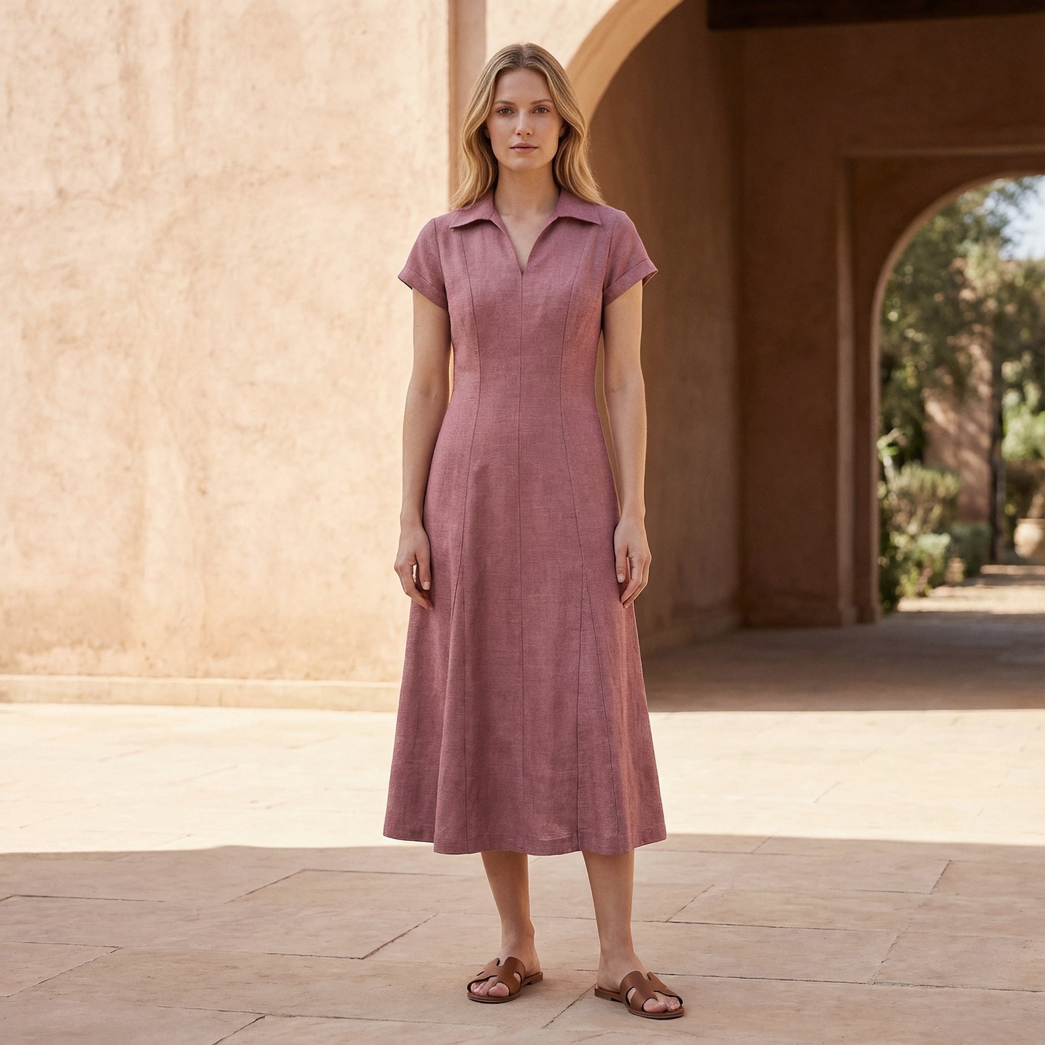 Pink Cotton Flax Paneled A-Line Midi Dress