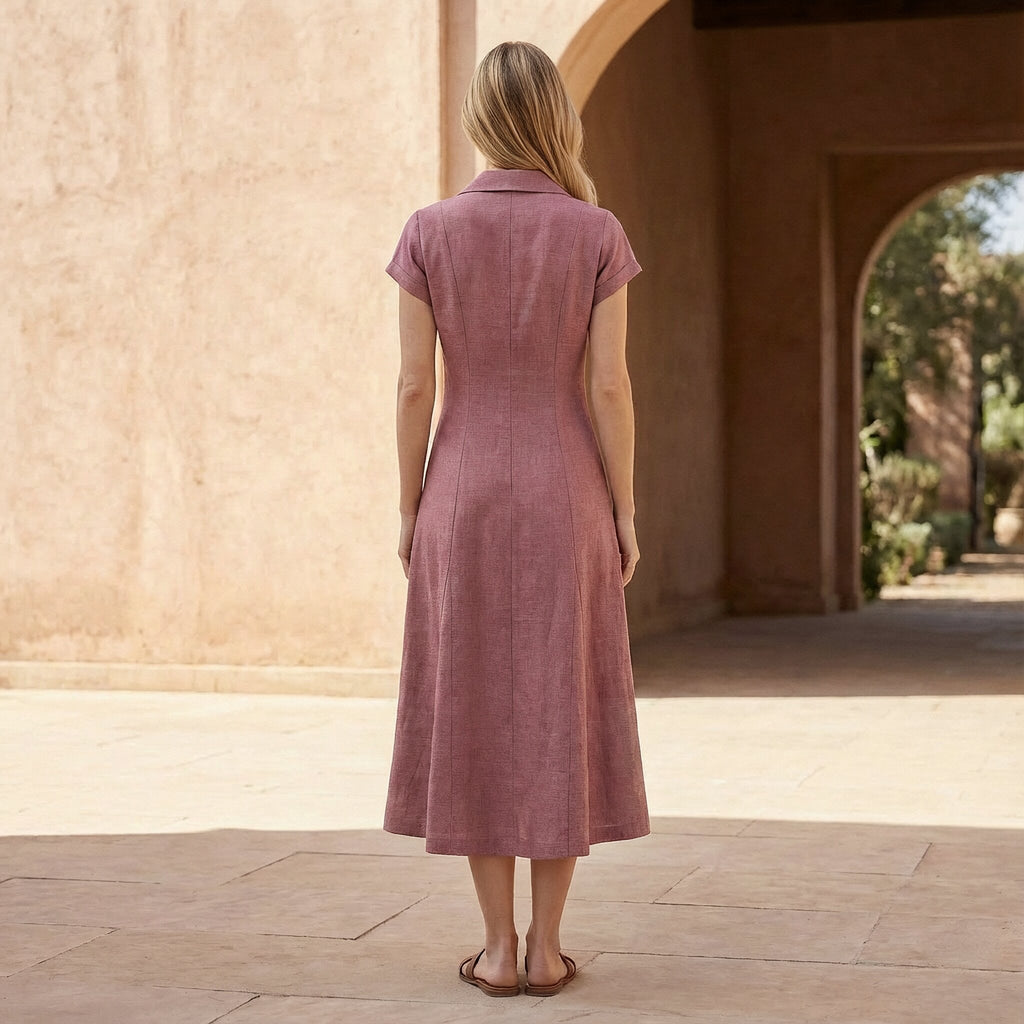 Pink Cotton Flax Paneled A-Line Midi Dress
