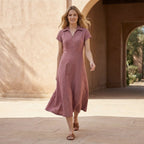 Pink Cotton Flax Paneled A-Line Midi Dress
