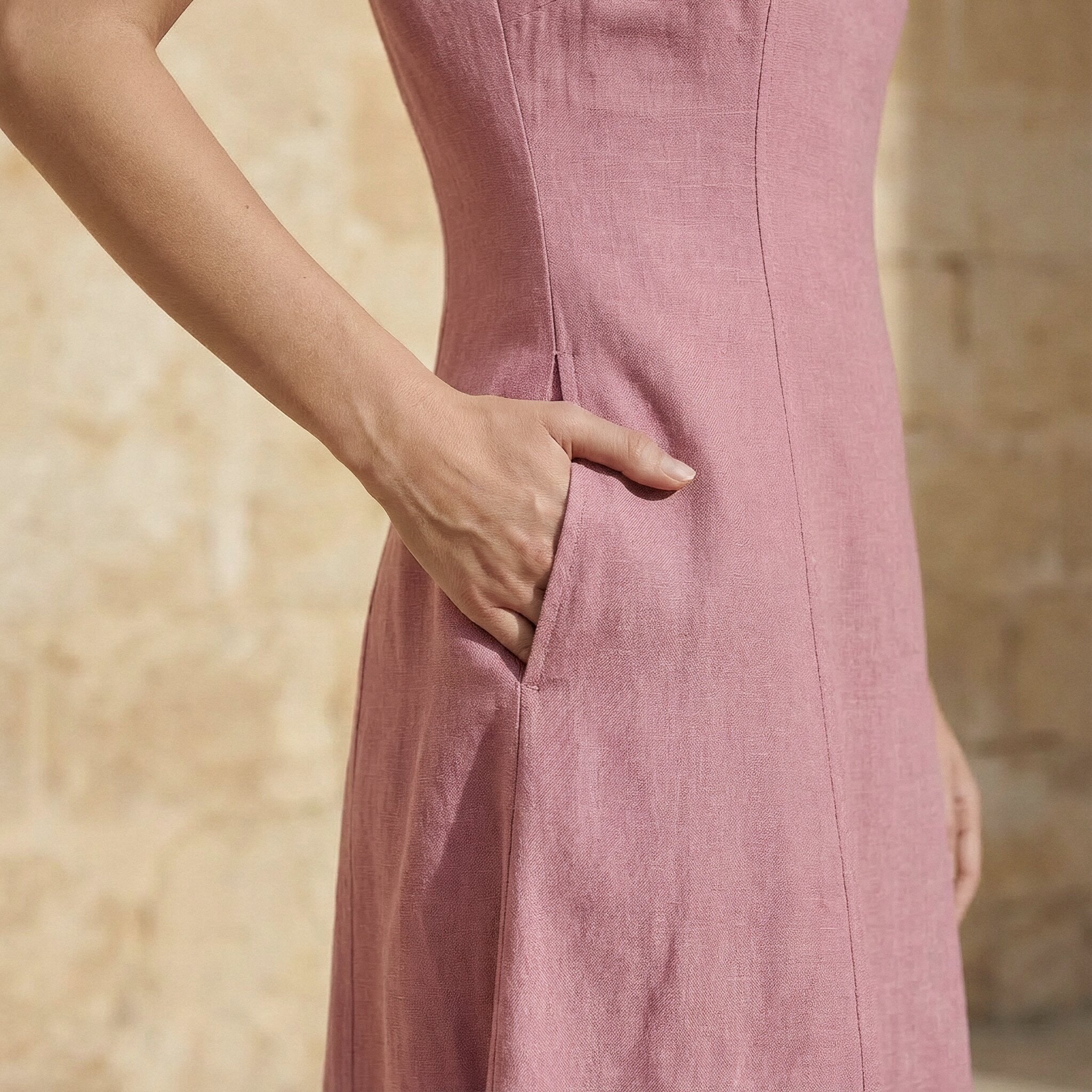 Pink Cotton Flax Paneled A-Line Midi Dress