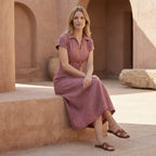Pink Cotton Flax Paneled A-Line Midi Dress