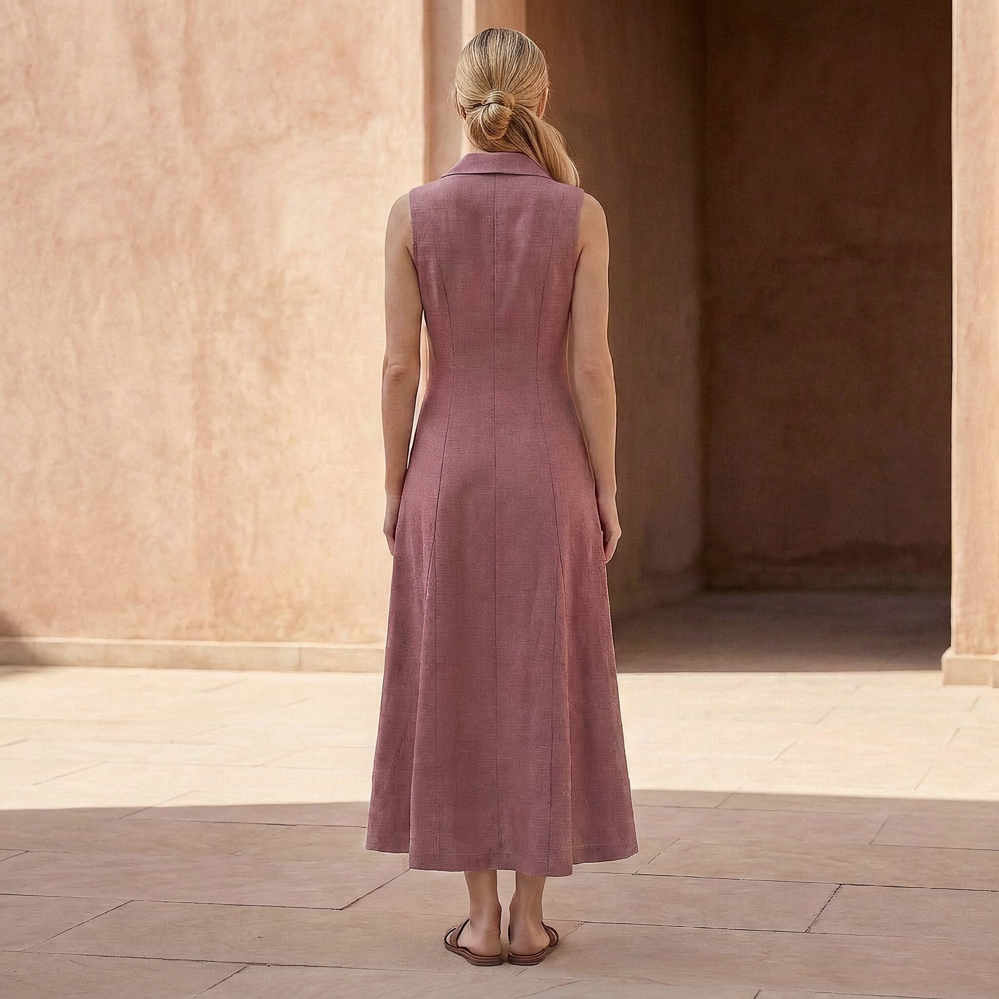 Pink Cotton Flax Paneled Sleeveless Maxi Dress