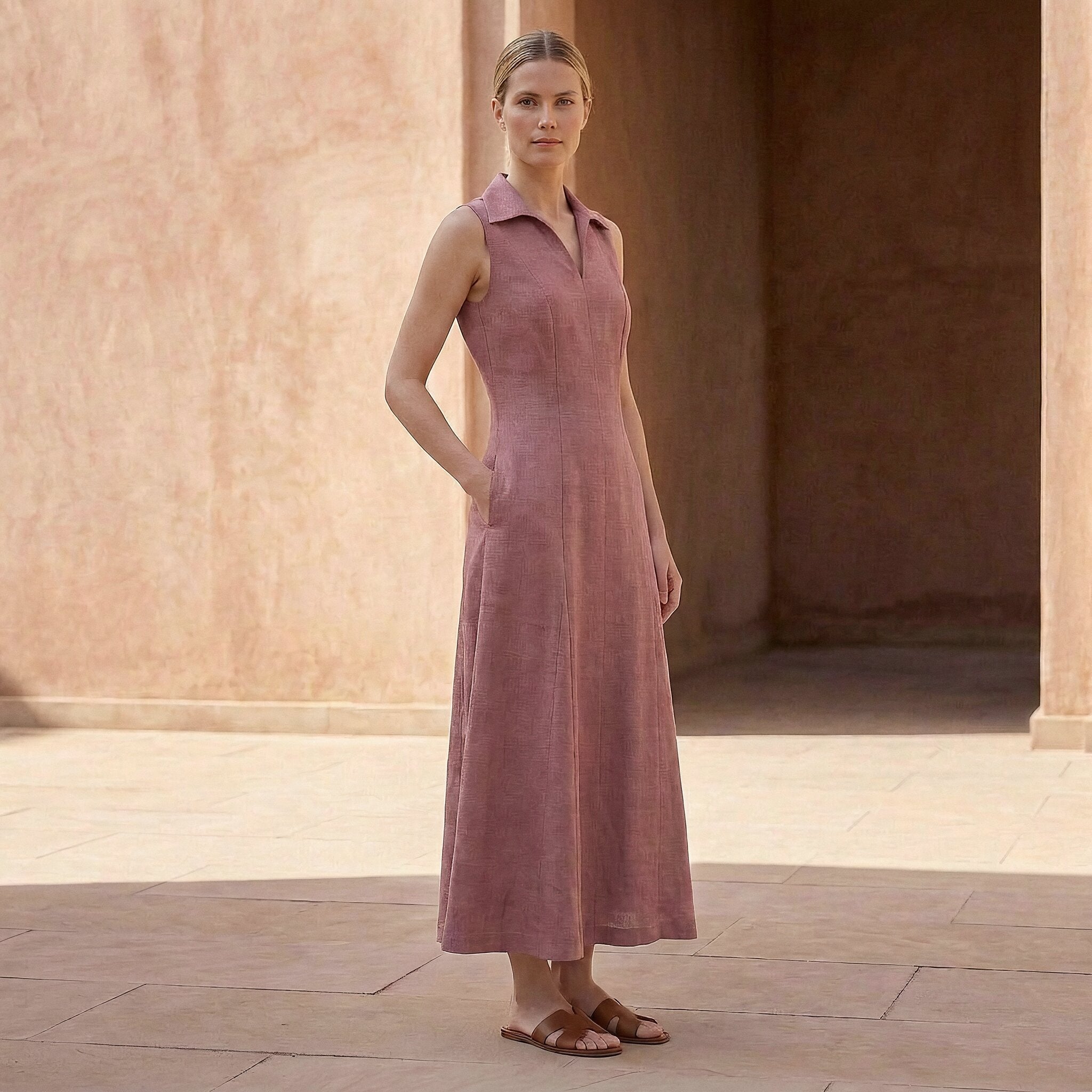 Pink Cotton Flax Paneled Sleeveless Maxi Dress