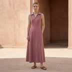 Pink Cotton Flax Paneled Sleeveless Maxi Dress