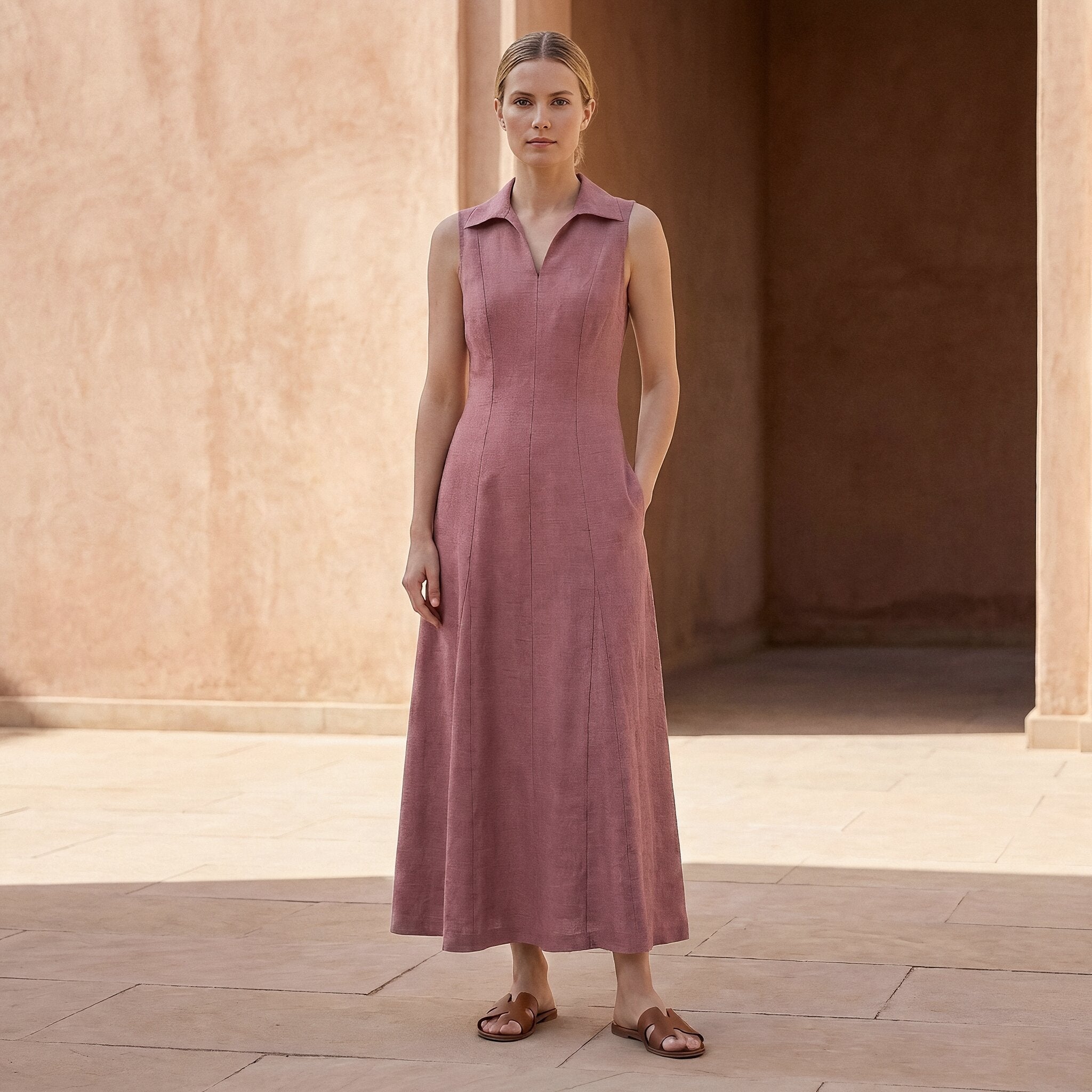 Pink Cotton Flax Paneled Sleeveless Maxi Dress