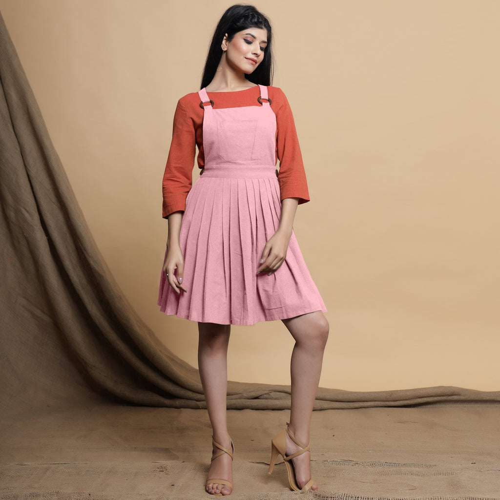 Front View of a Model wearing Pink Cotton Flax Pleated Knee Length Dress
